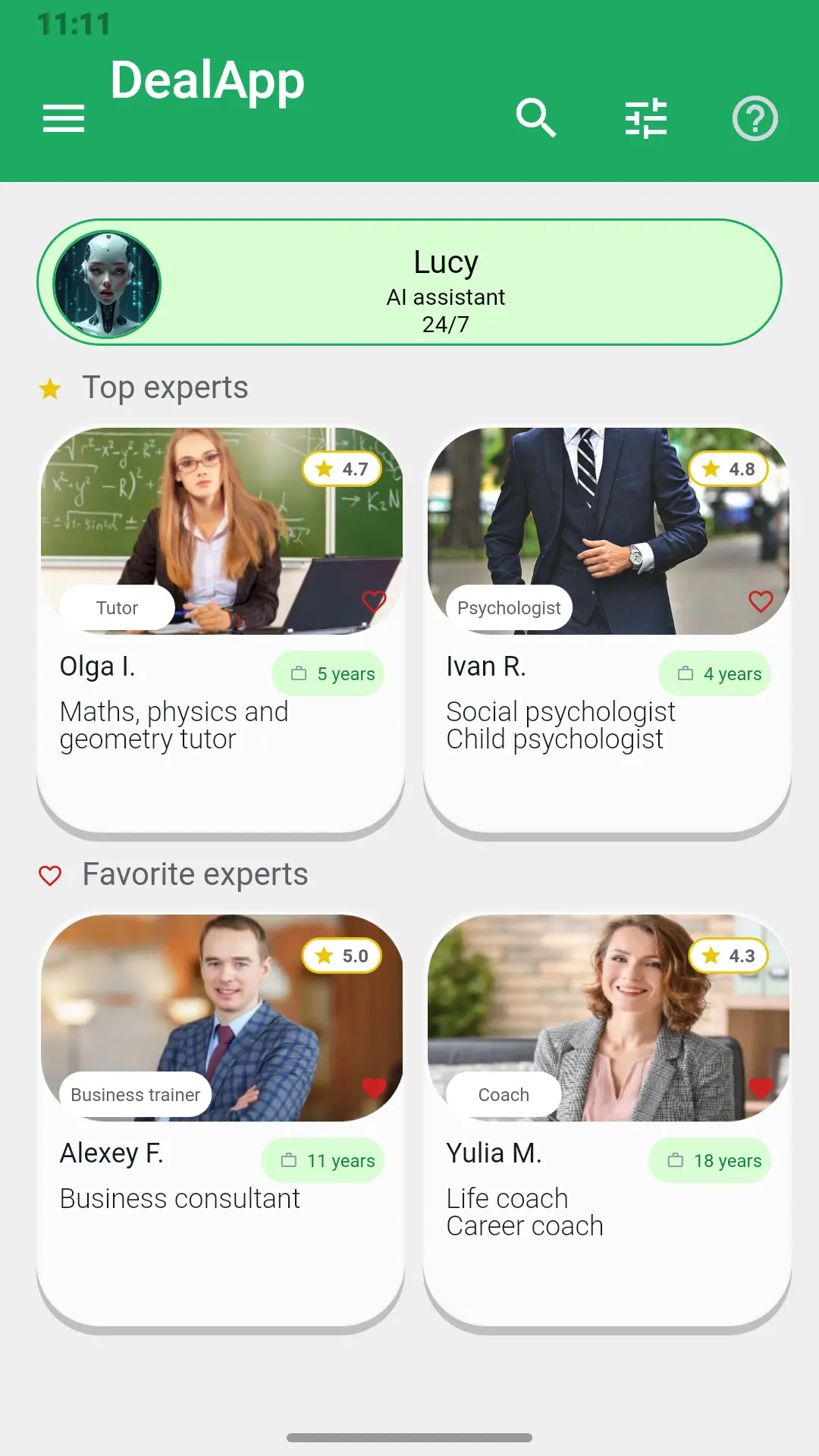 DealApp app home screen: Lucy the assistant, top experts and favorite specialists
