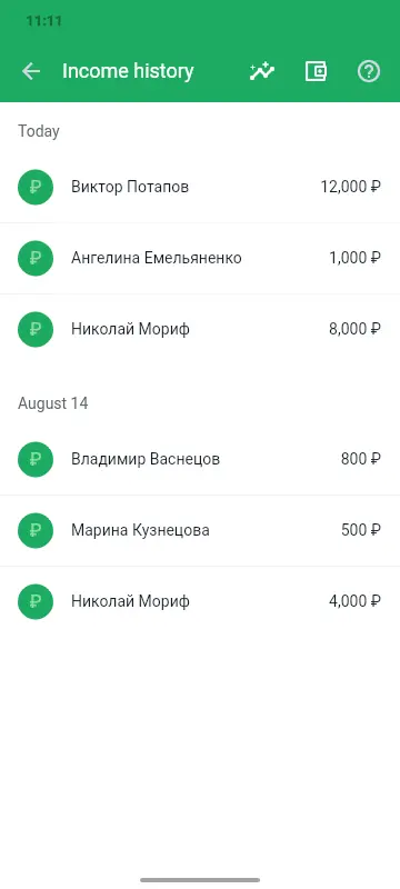 Expert earnings history: client payments by date